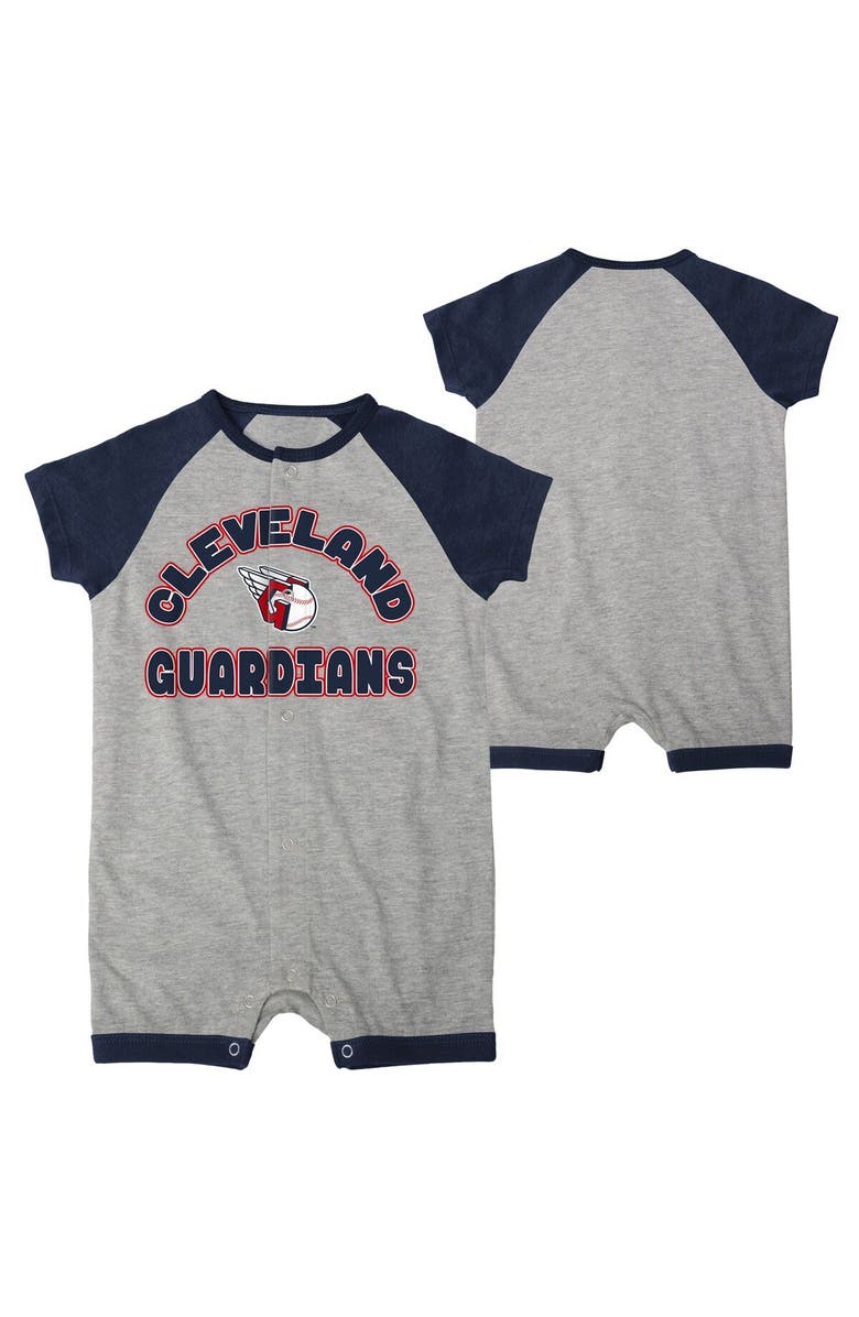Outerstuff Infant  Heather Gray Cleveland Guardians Extra Base Hit Raglan Full-Snap Romper, Main, color, 