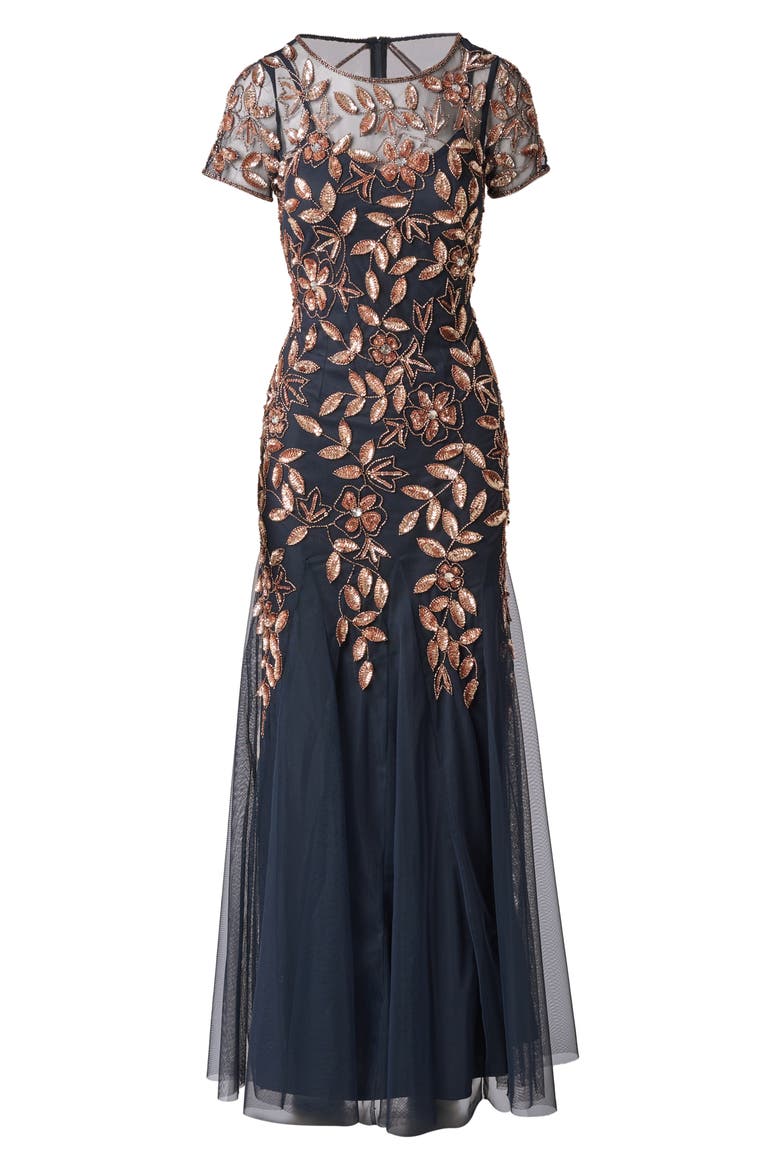 Floral Embroidered Beaded Trumpet Gown, Alternate, color, NAVY/ ROSE GOLD