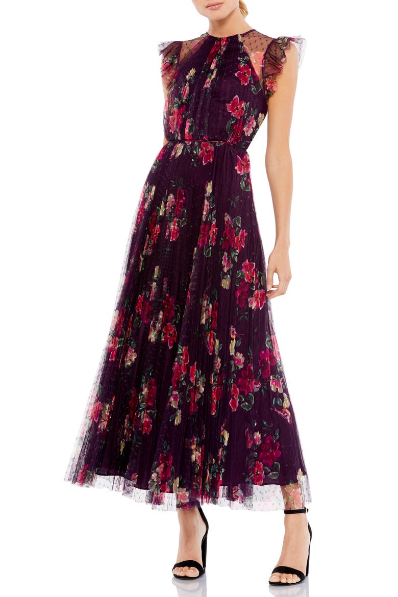 Floral Flutter Sleeve Midi Dress, Main, color, PLUM MULTI