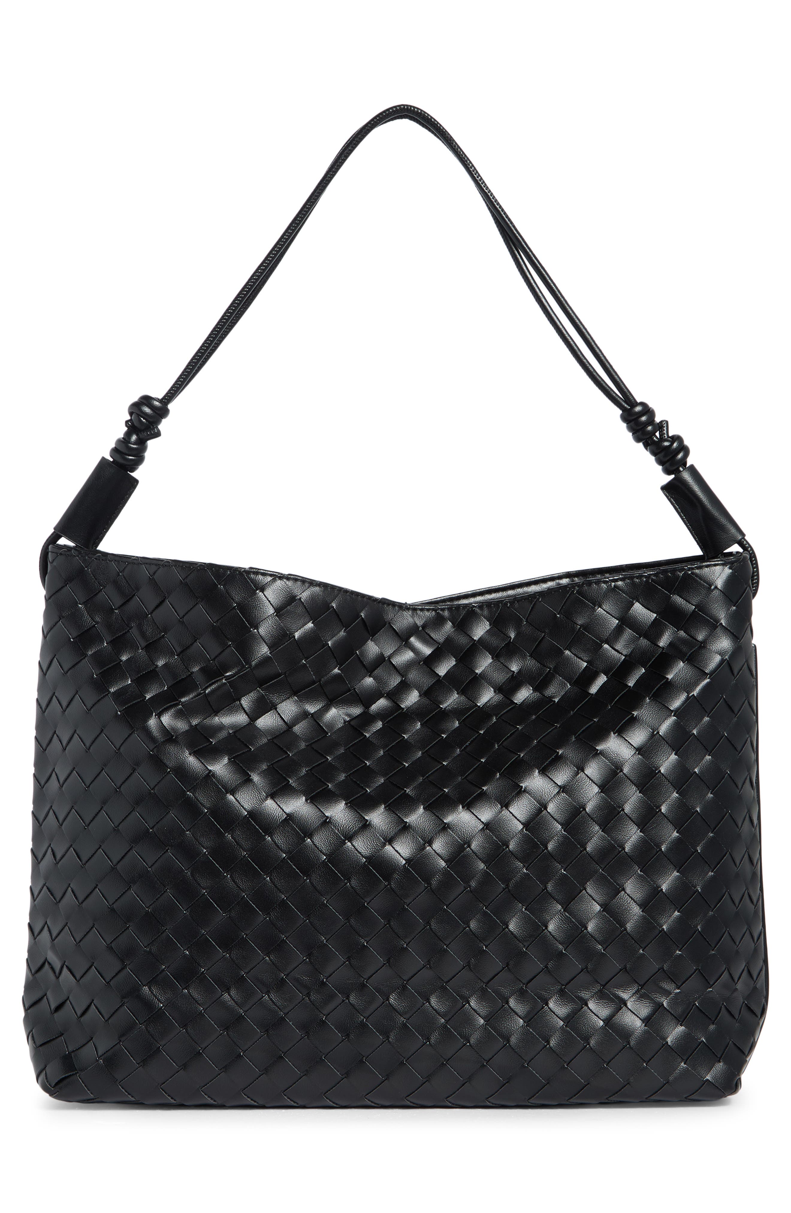 Woven Faux Leather Hobo, Alternate, color, BLACK