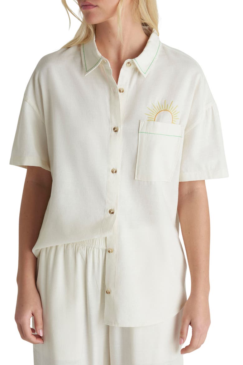 Goldie Embroidered Boyfriend Button-Up Shirt, Main, color, OFF WHITE