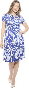 24seven Comfort Apparel Womens Paisley V-Neck Short Sleeve Faux Wrap Knee Length A-Line Dress