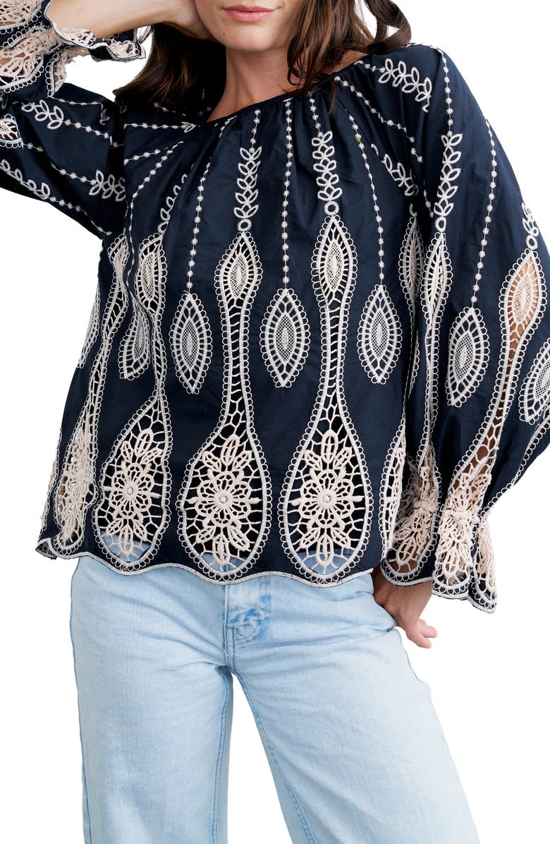 CIEBON Belia Embroidered Top, Alternate, color, Black/Cream