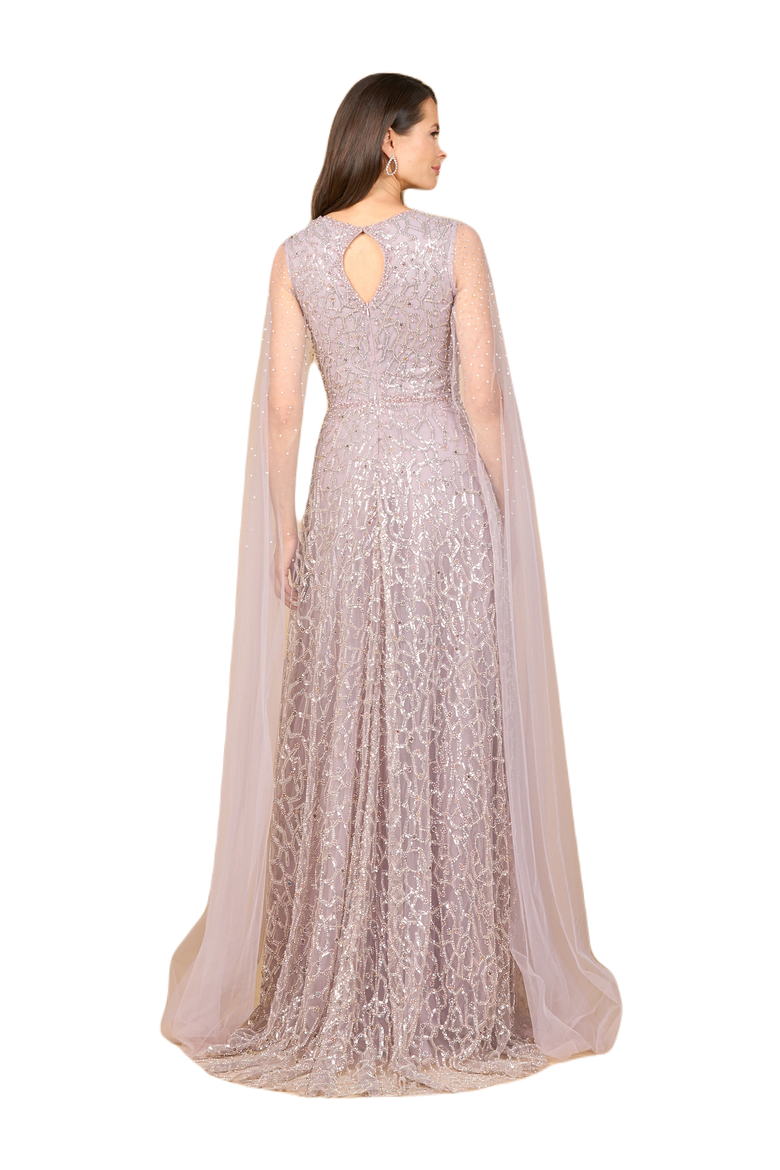 Beaded Lace Gown with Cape Sleeves, Alternate, color, Dusty Purple