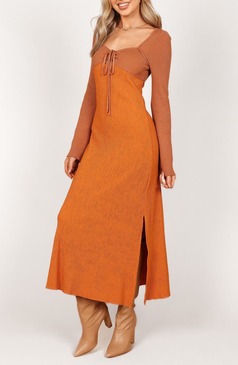 Petal & Pup Lirique Colorblock Long Sleeve Ribbed Maxi Dress, Main, color, Tan/ Orange