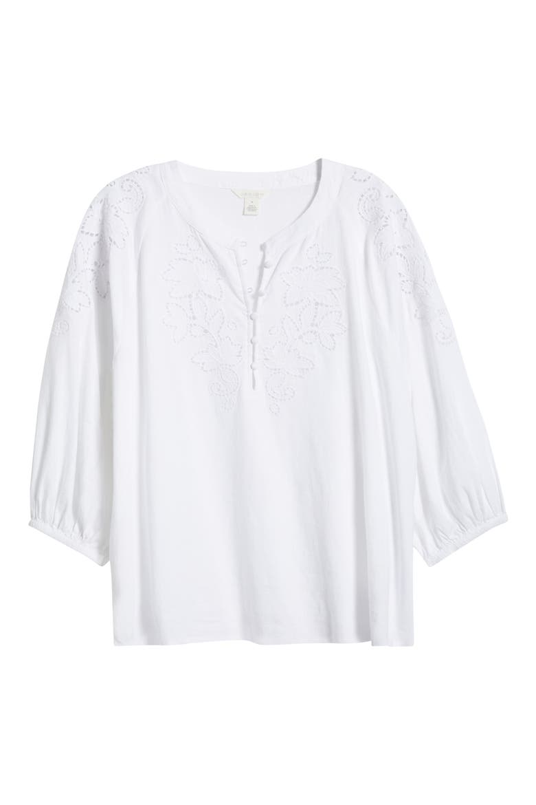 Embroidered Cutwork Split Neck Linen Blend Popover Top, Alternate, color, WHITE