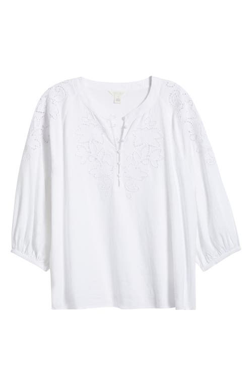 Caslonr Caslon(r) Embroidered Cutwork Split Neck Linen Blend Popover Top In White