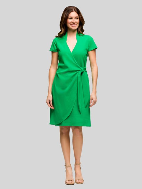 Mandarin Collar Knee Length Wrap Dress