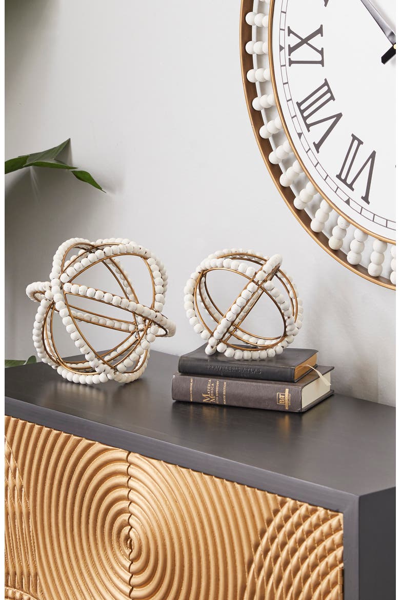 White Metal Handmade Beaded Geometric Sculpture - Set of 2, Alternate, color, WHITE