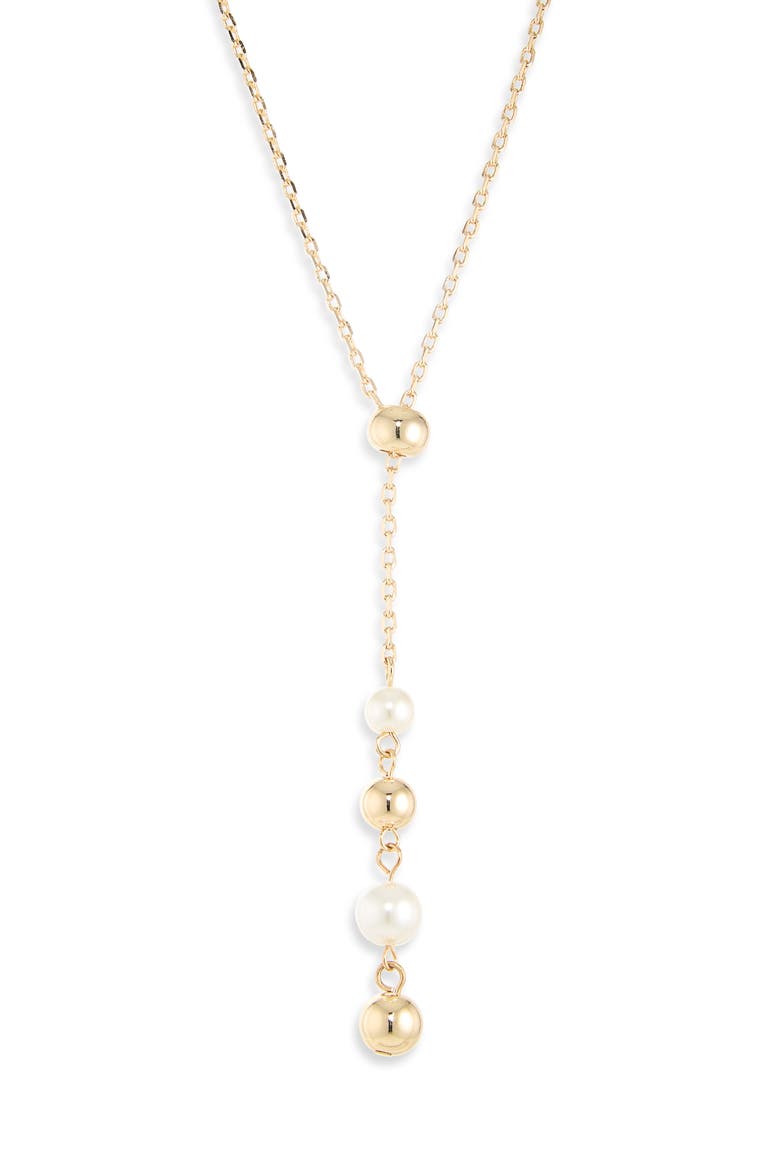 Imitation Pearl & Ball Slider Lariat Necklace, Main, color, WHITE- GOLD