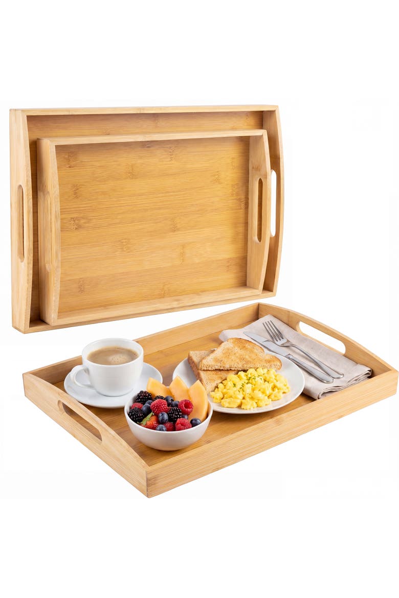 Elora Set of 2 Handcrafted Nesting  Serving Trays with Handles, Main, color, Natural
