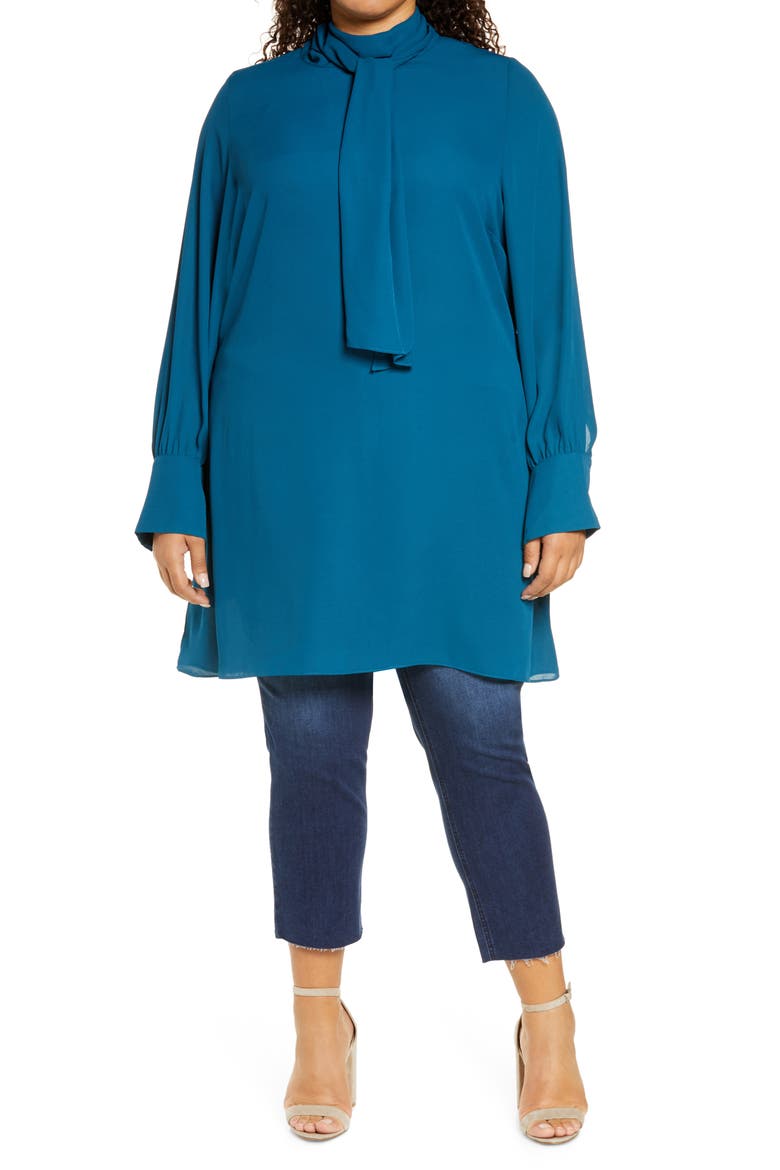 Bow Neck Dress, Alternate, color, TEAL