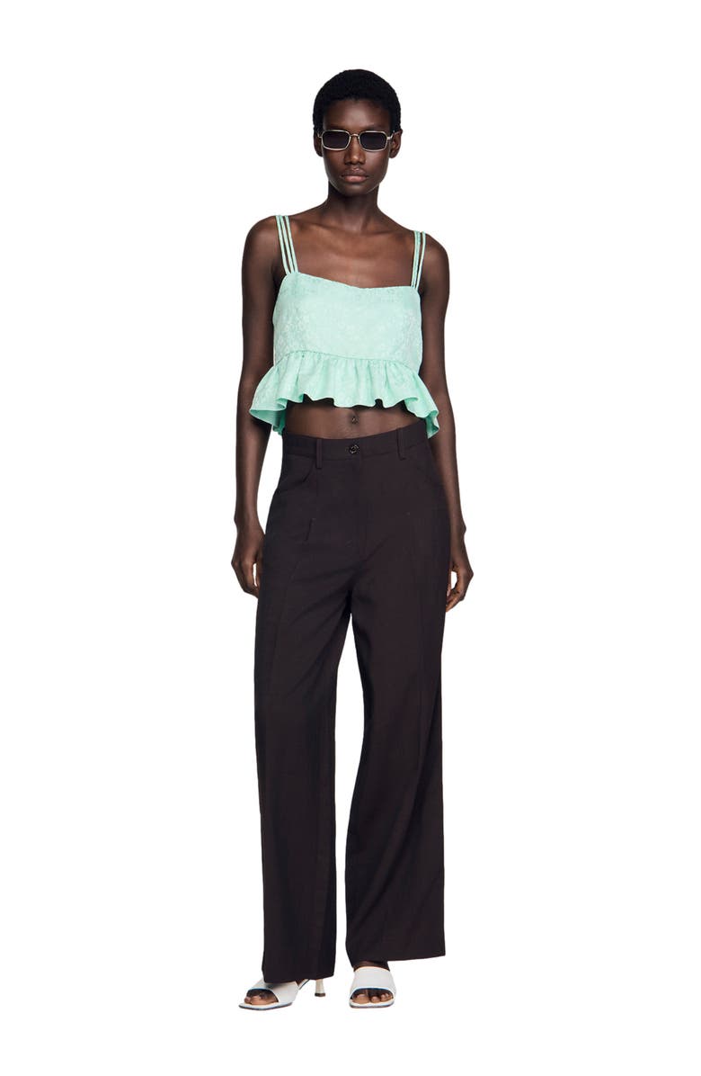 SANDRO Floral jacquard ruffle crop top, Alternate, color, Light Green