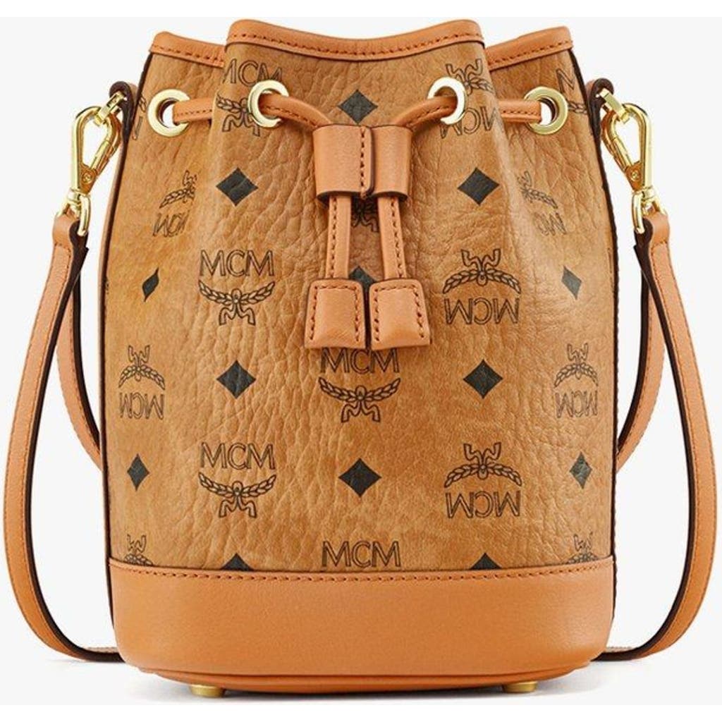 Mcm Women's Mini Dessau Visetos Coated Canvas Drawstring Bag In Cognac