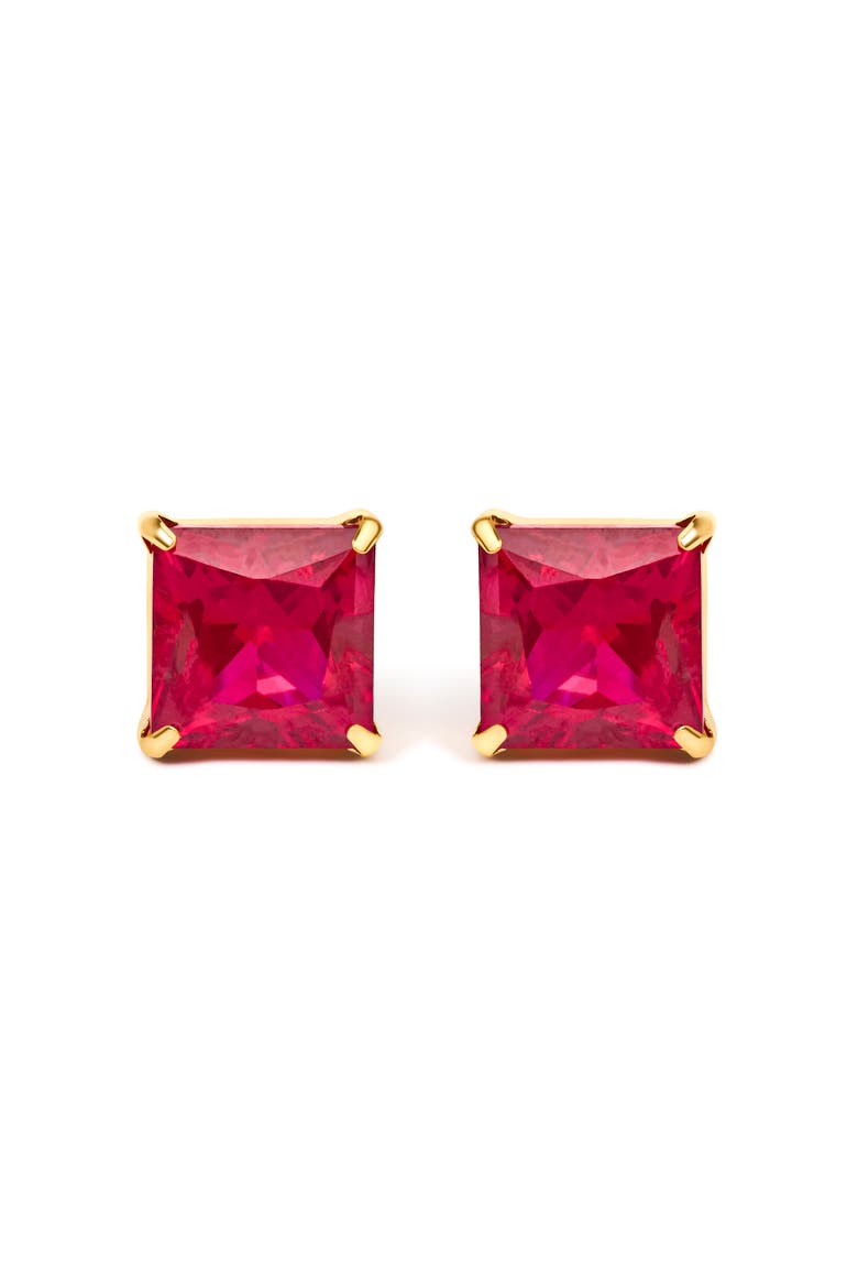 18K Yellow Gold 7x7 MM Created Red Ruby Princess Cut Solitaire Stud Earrings, Main, color, Yellow Gold