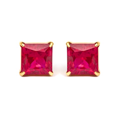 18K Yellow Gold 7x7 MM Created Red Ruby Princess Cut Solitaire Stud Earrings