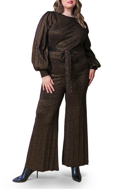 Metallic Balloon Sleeve Sweater & Pants Set (Plus)