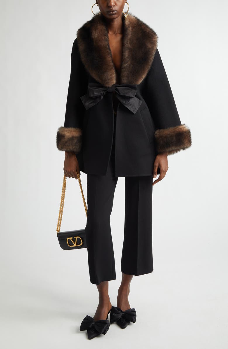 Valentino Genuine Shearling Trim Compact Wool & Cashmere Coat, Alternate, color, Black