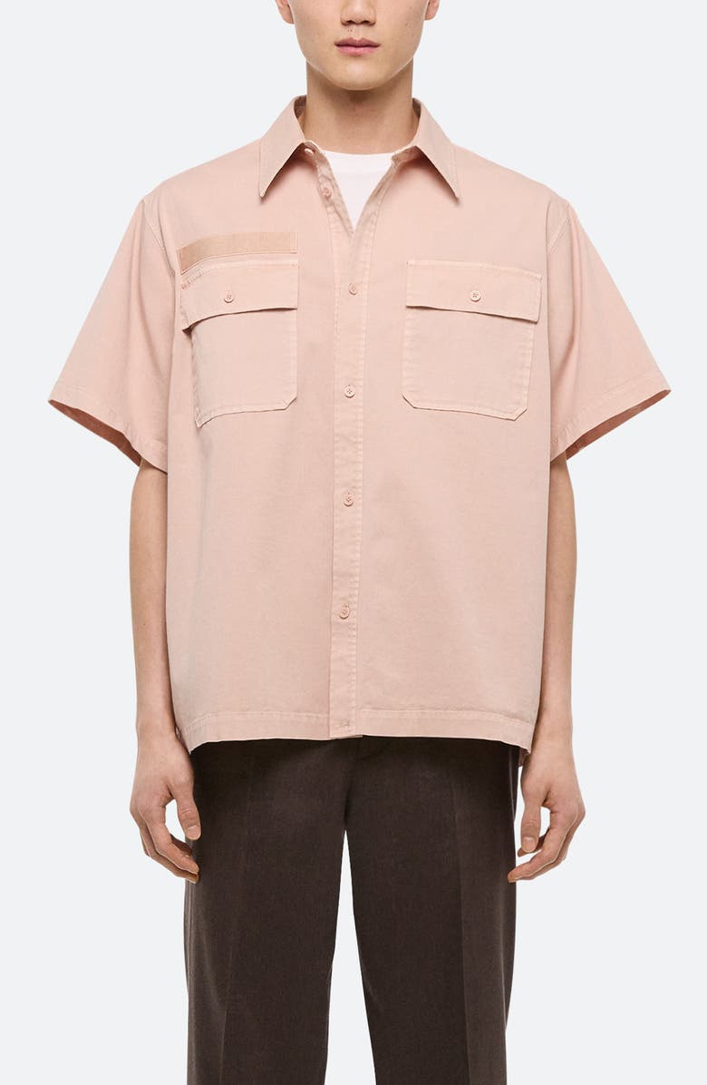 Helmut Lang GD Uniform Short Sleeve Stretch Twill Button Up Shirt, Main, color, Salmon