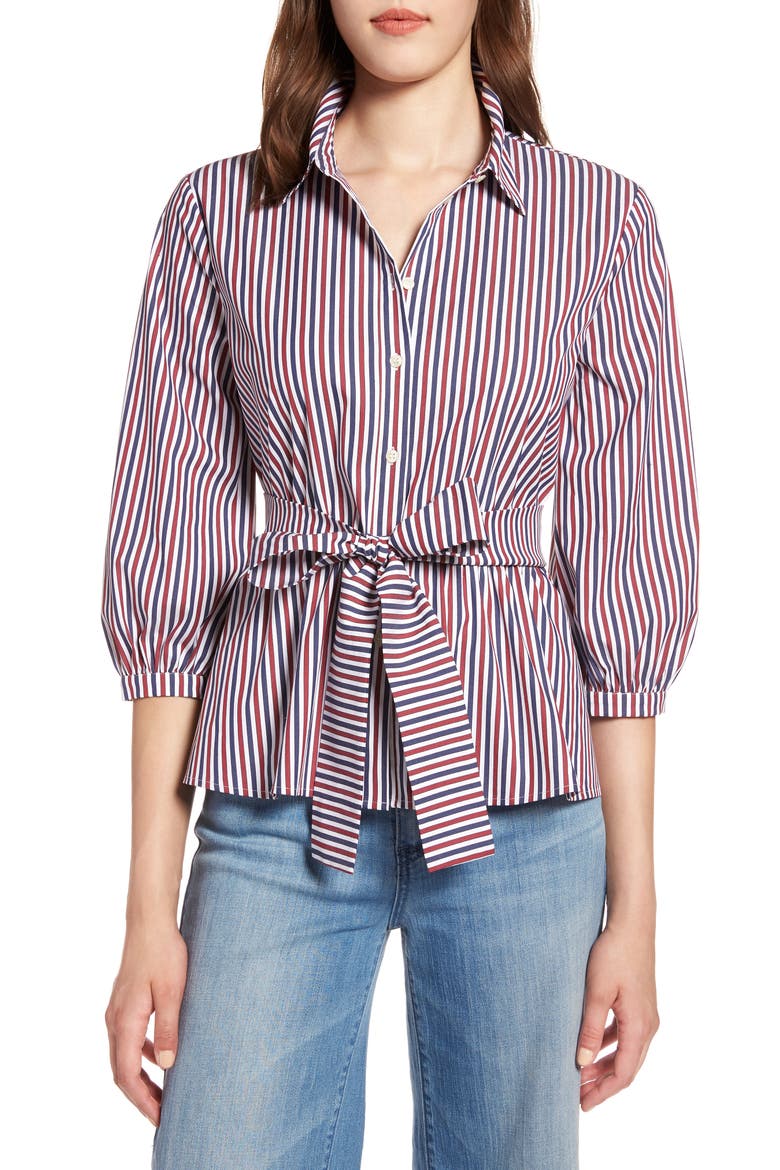 Belted Blouson Sleeve Blouse, Main, color, NAVY- BURGUNDY STRIPE