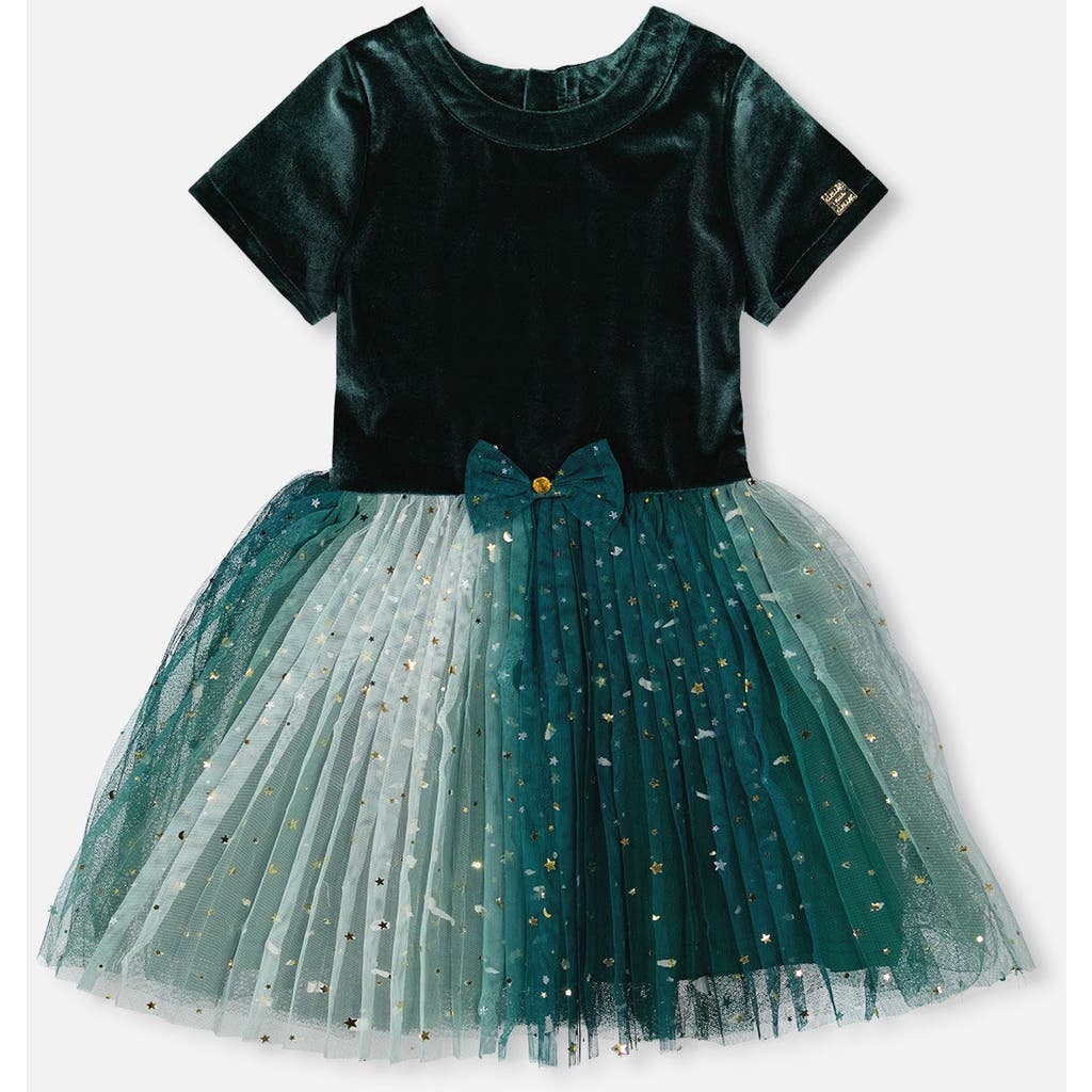 Deux Par Deux Bi-material Short Sleeve Party Dress In Green