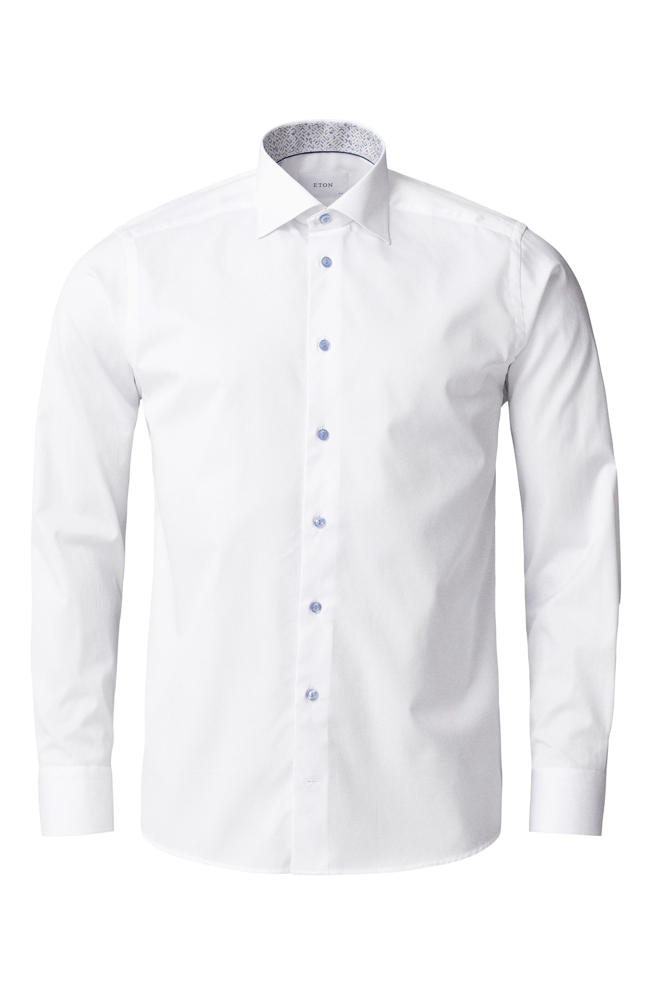Eton Trim Fit White Cotton Dress Shirt with Hidden Print Detail