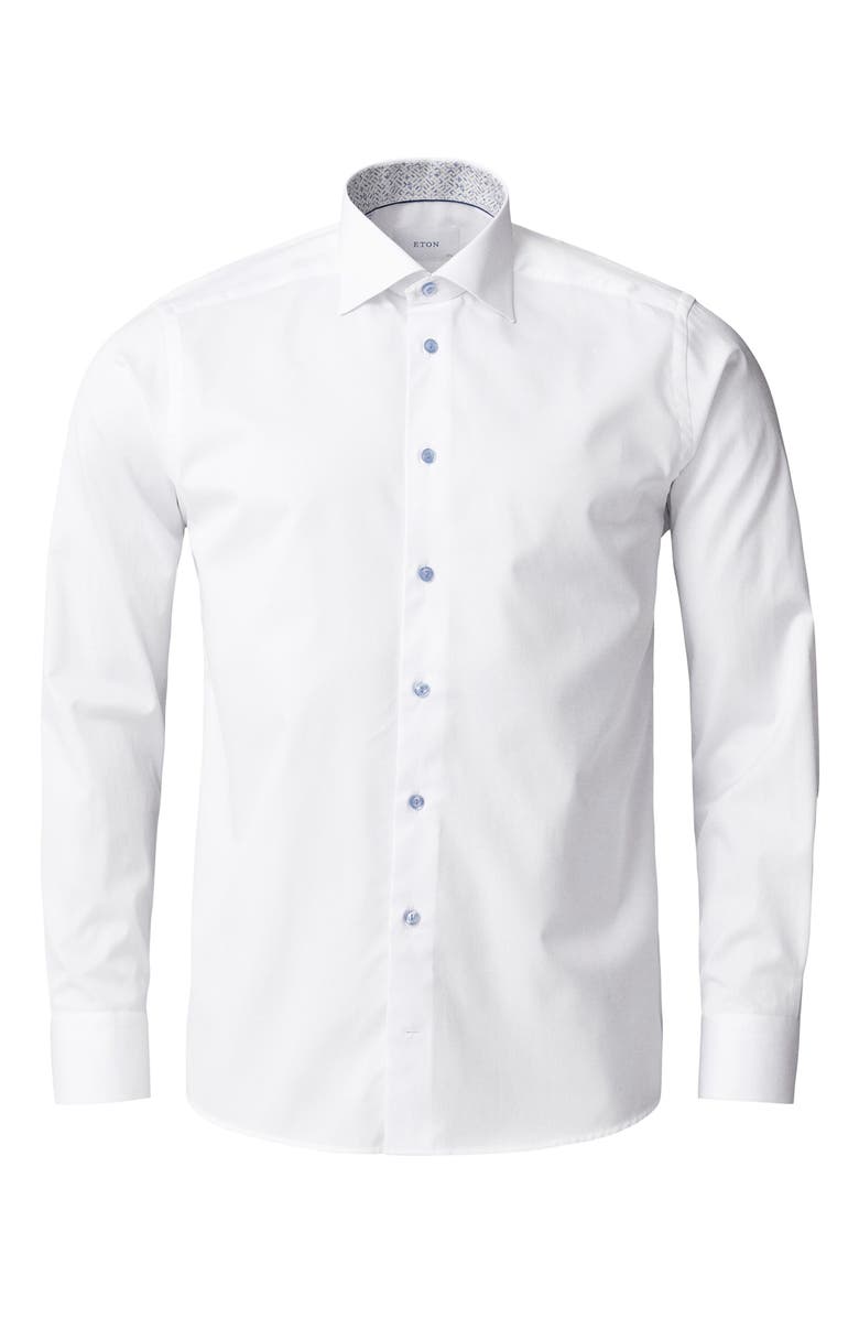Eton Trim Fit White Cotton Dress Shirt with Hidden Print Detail, Main, color, White