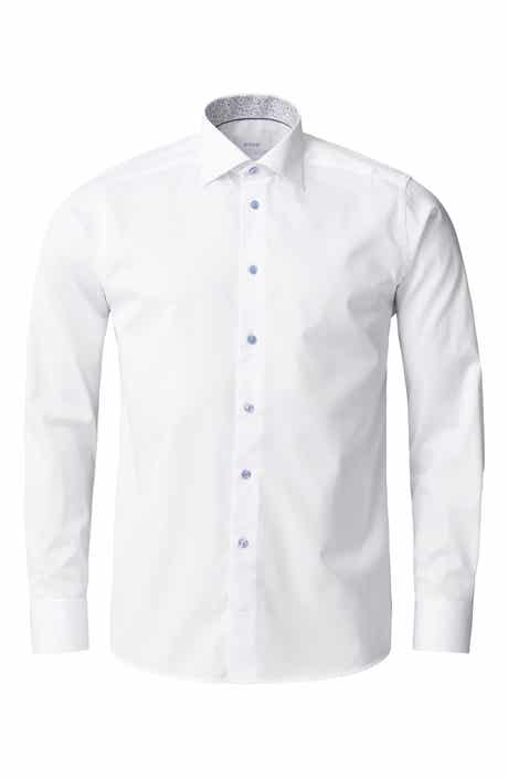 Eton Trim Fit White Cotton Dress Shirt with Hidden Print Detail