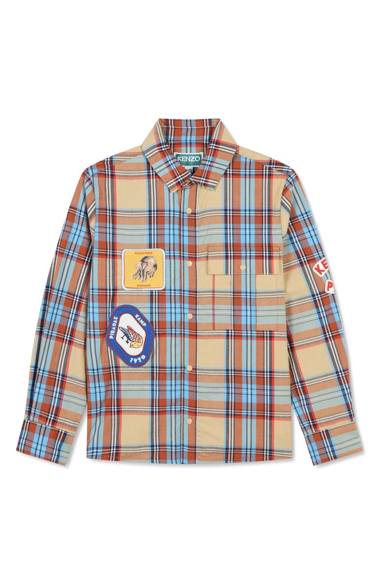 KENZO Kids' Plaid Snap-Up Overshirt, Main, color, 