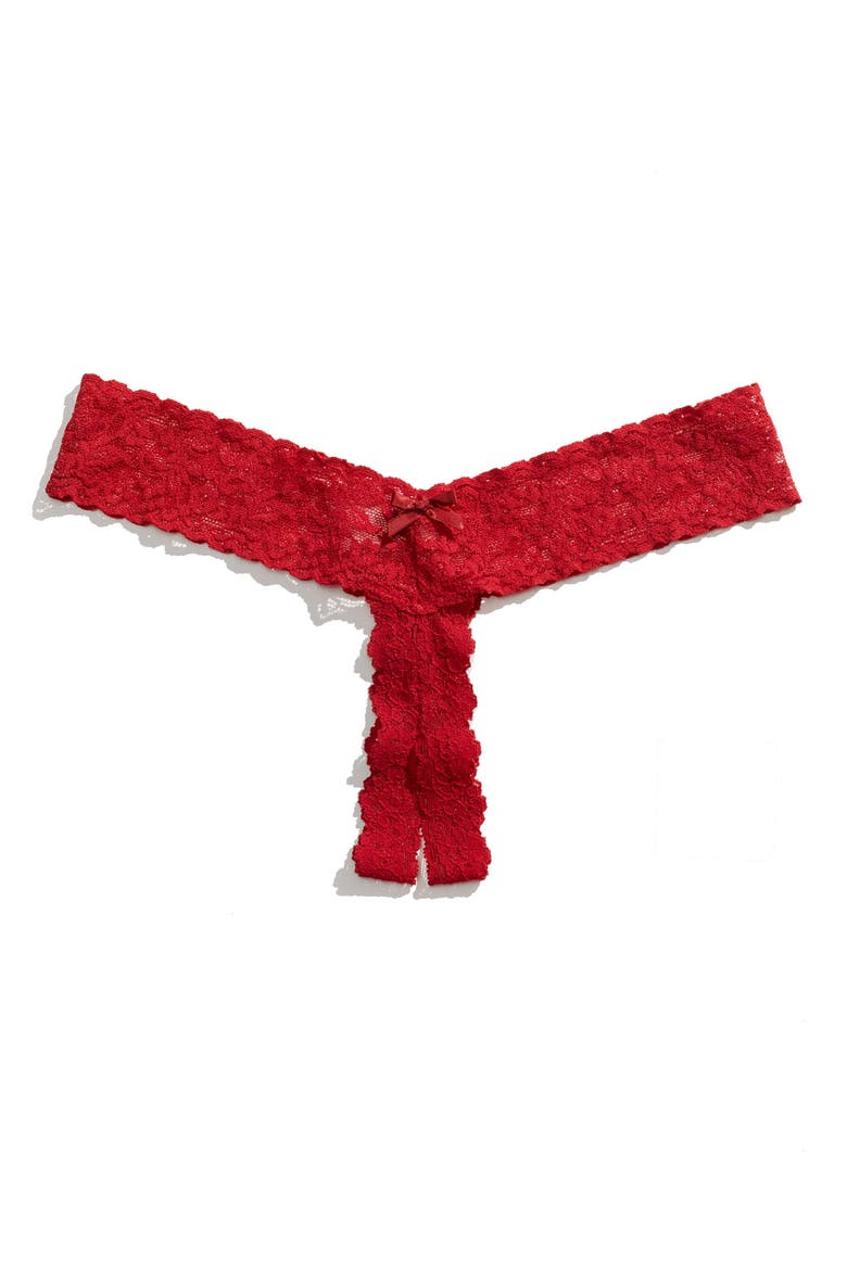 Signature Lace Low Rise Crotchless Thong, Main, color, RED
