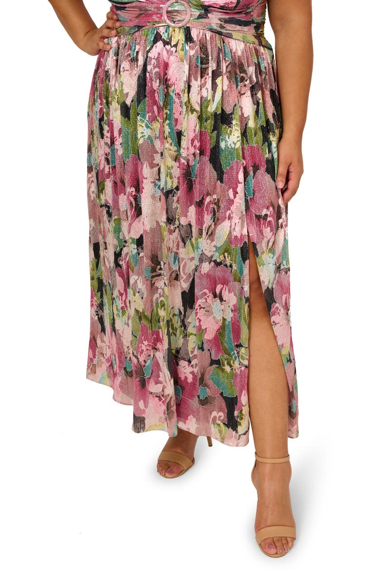Flutter Sleeve Metallic Floral Maxi Cocktail Dress, Alternate, color, NAVY/ PINK MULTI