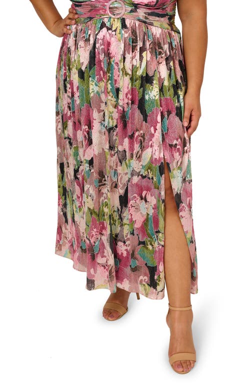 Adrianna Papell Flutter Sleeve Metallic Floral Maxi Cocktail Dress In Pink