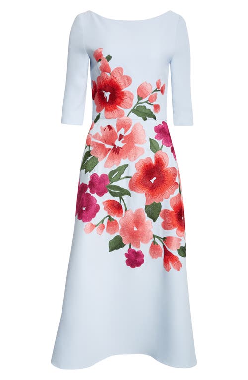 Carolina Herrera Floral Embroidered 3/4-sleeve Midi Dress In Celeste Multi