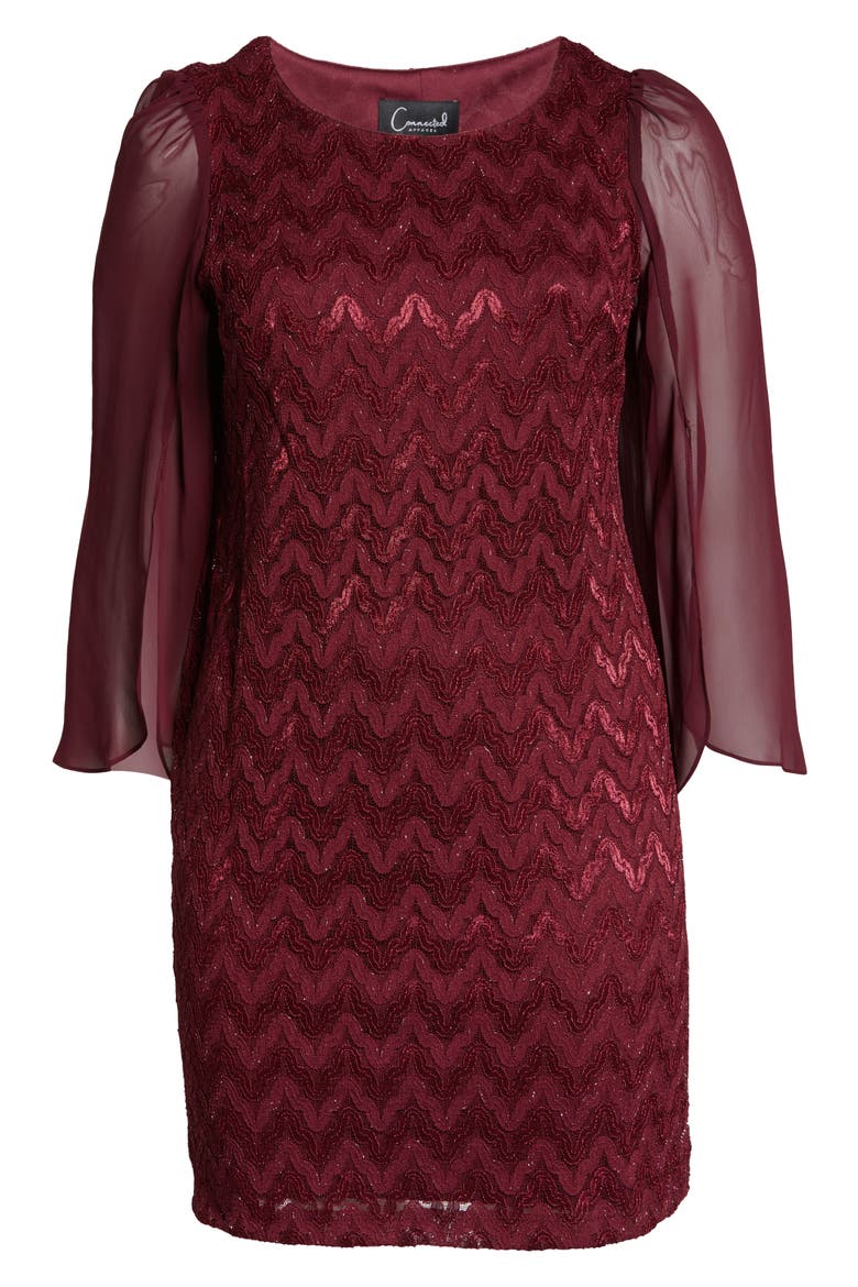 Chevron Long Sleeve Lace & Chiffon Dress, Alternate, color, BURGANDY