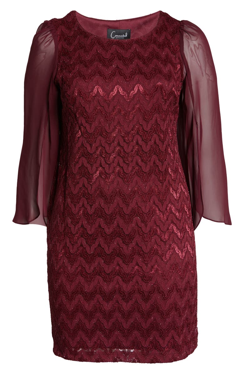 Connected Apparel Chevron Long Sleeve Lace & Chiffon Dress, Alternate, color, Burgandy