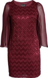 Connected Apparel Chevron Long Sleeve Lace & Chiffon Dress