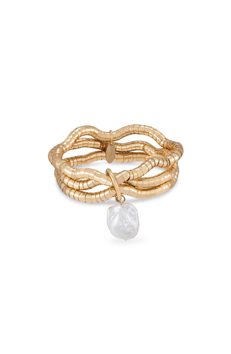 Ettika Freshwater Pearl Drop Layered Stretch Bracelet, Main, color, Gold