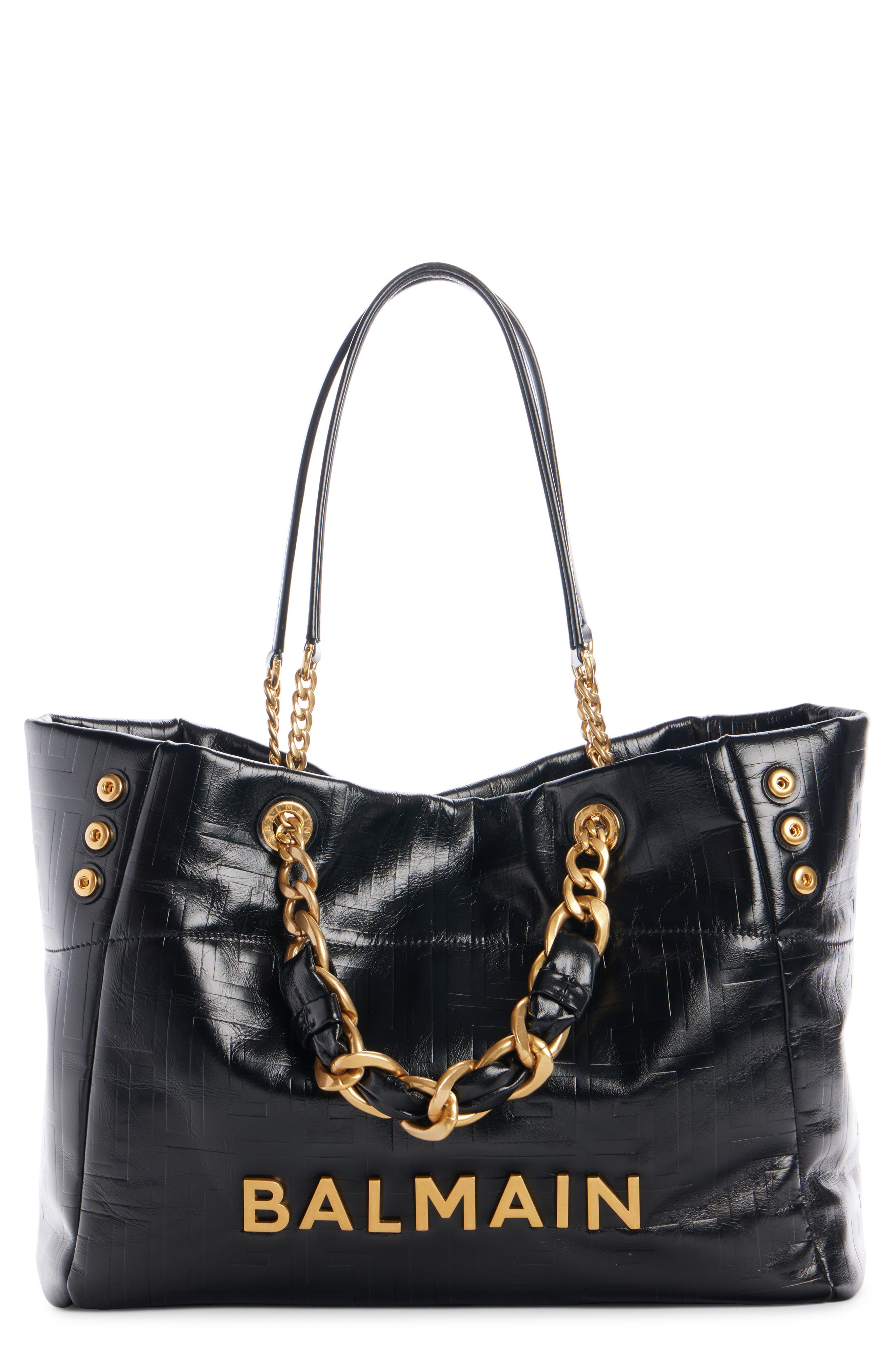 Balmain Small 1945 Monogram Embossed Soft Leather Tote, Main, color, 0Pa Black
