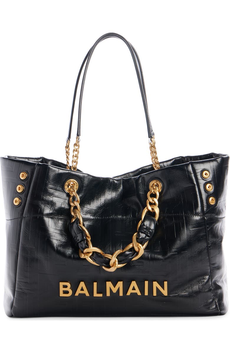 Balmain Small 1945 Monogram Embossed Soft Leather Tote, Main, color, 0Pa Black