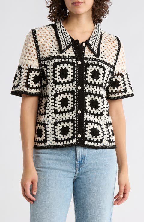 Open Knit Square Short Sleeve Cardigan