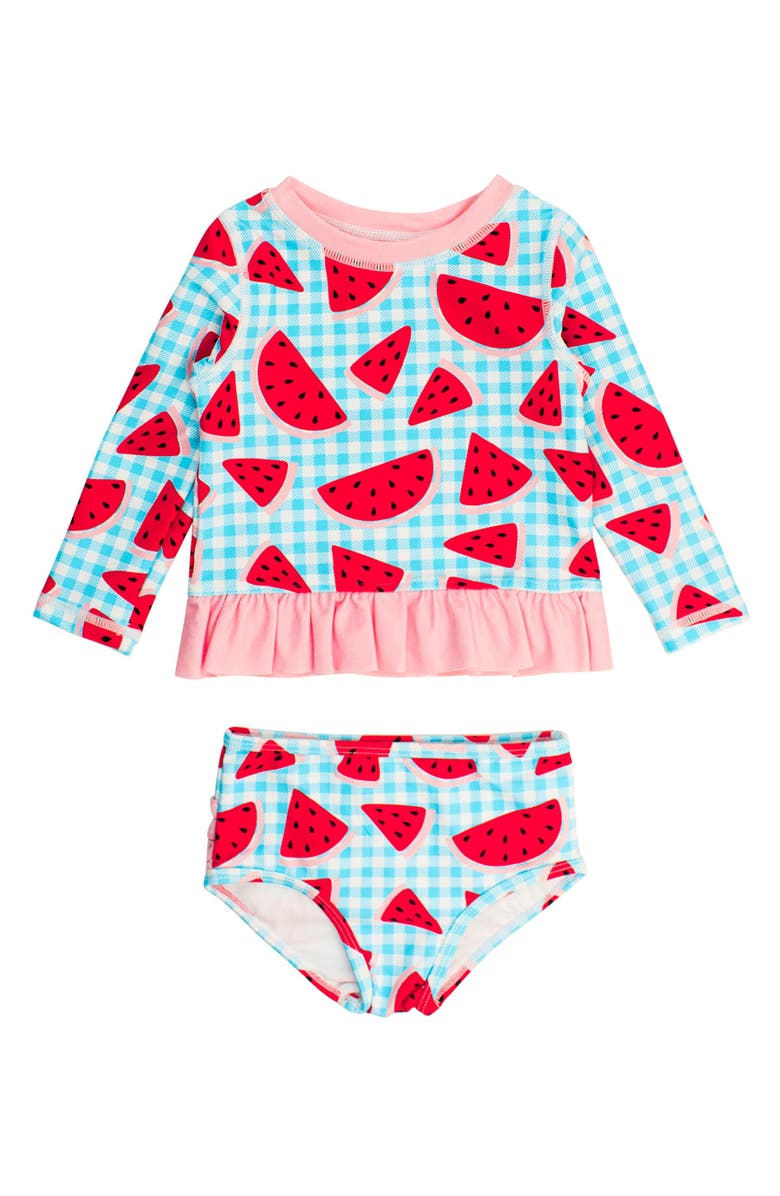 RuffleButts Baby Girls UPF50+ Long Sleeve Rash Guard Bikini, Main, color,