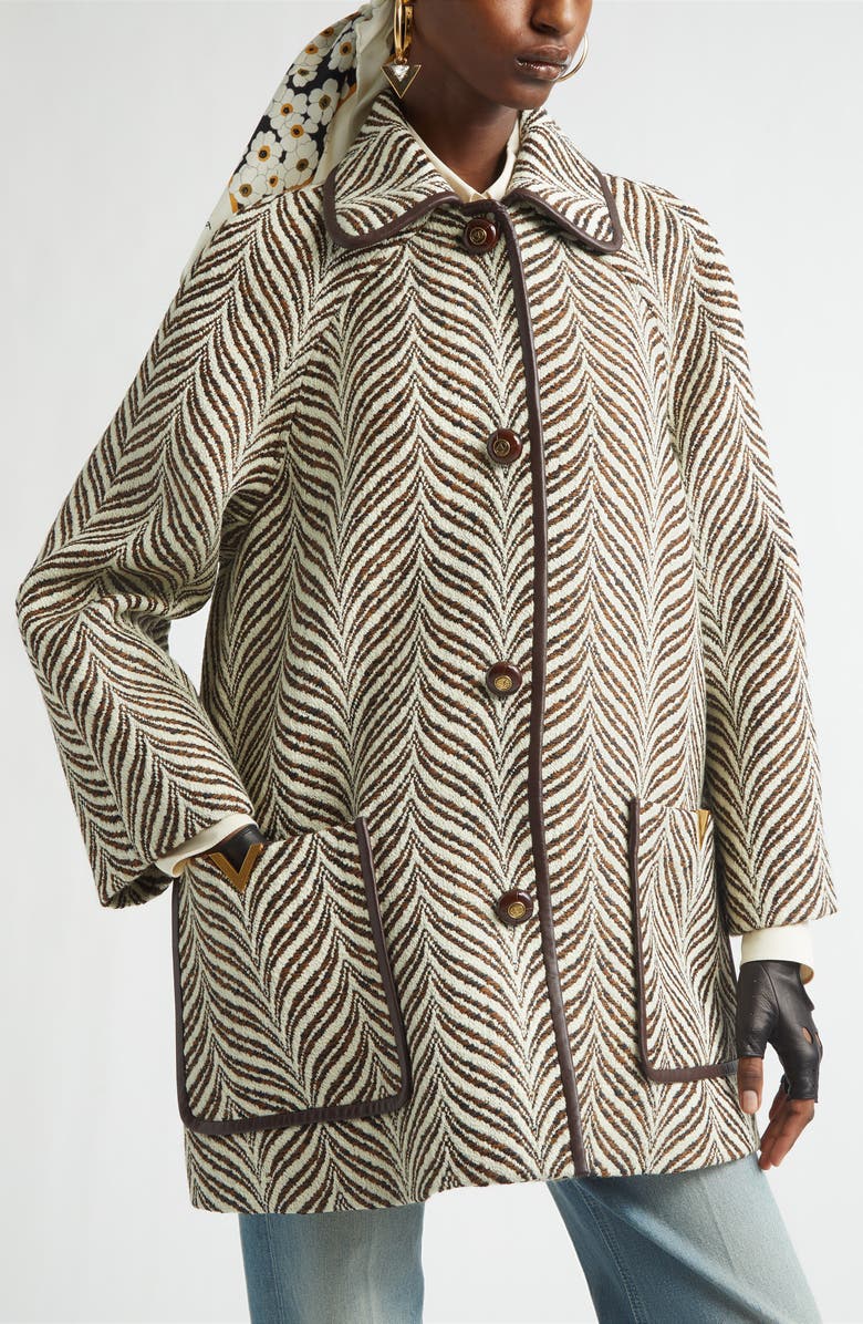 Valentino V-Detail Wool Blend Jacquard Coat, Alternate, color, 