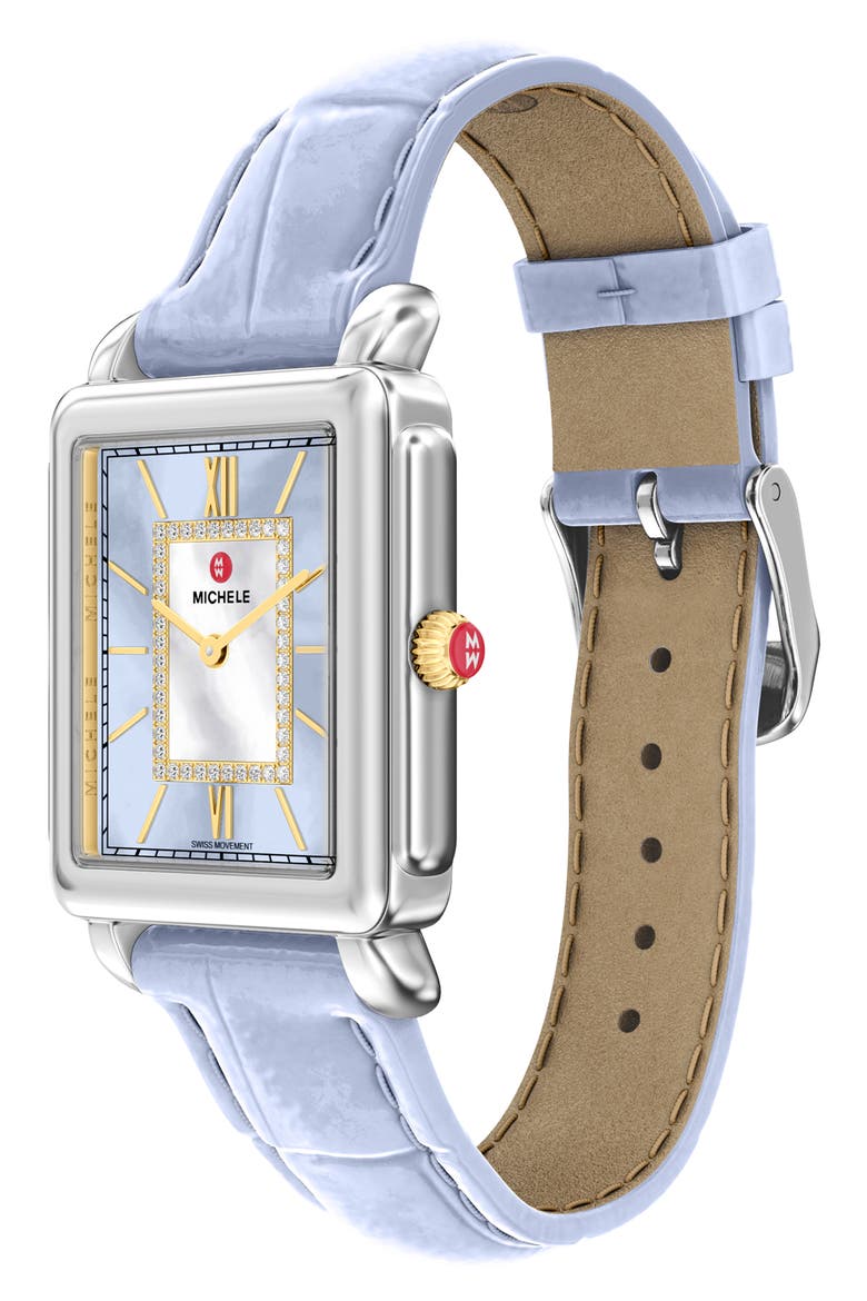 Deco II Diamond Mother-of-Pearl Leather Strap Watch, 26mm x 28mm, Alternate, color, BLUE/ WHITE GOLD