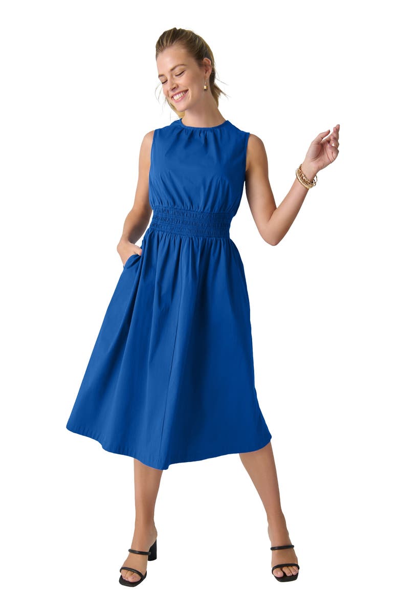Jessica London Smocked Poplin Midi Dress, Main, color, Dark Sapphire