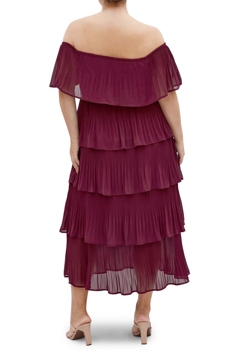City Chic Night Garden Tiered Release Pleat Off the Shoulder Maxi Dress, Alternate, color, Red Burgundy