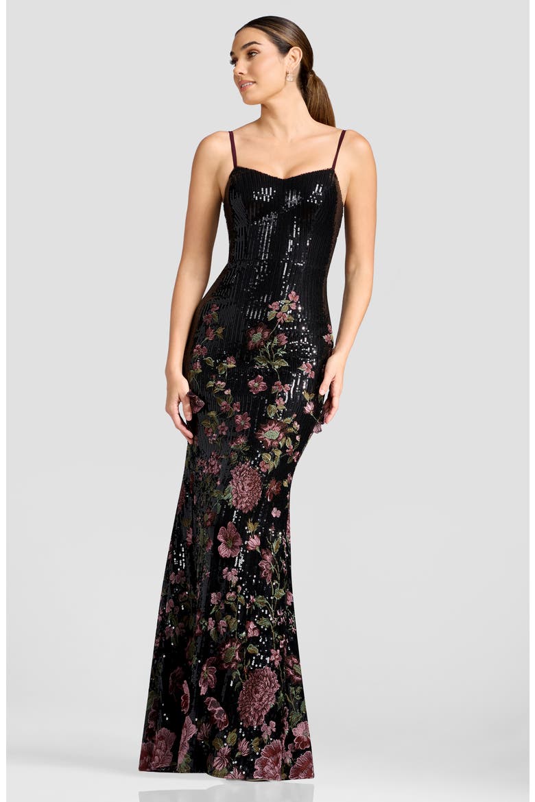 Giovanna Floral Embroidery Sequin Mermaid Gown, Alternate, color, BLACK MULTI