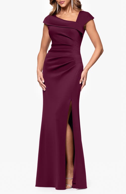 Xscape Evenings Asymmetric Neck Scuba Trumpet Gown In Wine