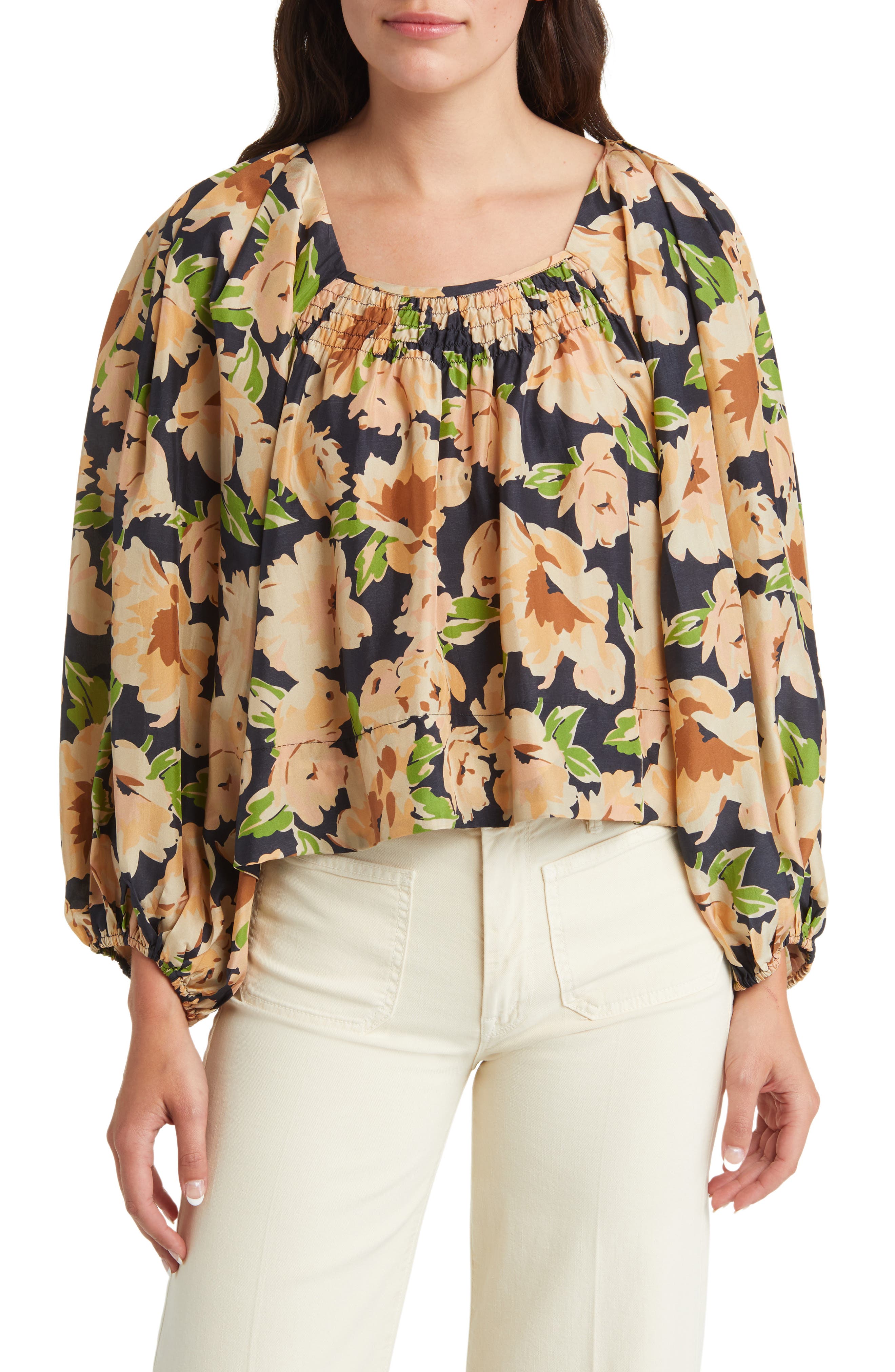 THE GREAT. The Magpie Floral Print Silk Crop Top