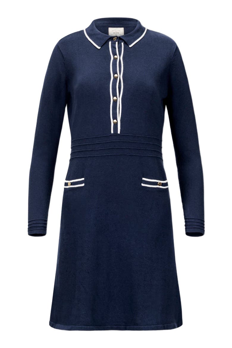 Women's Tipped Button Front Sweater Dress, Alternate, color, Navy with White Tipping