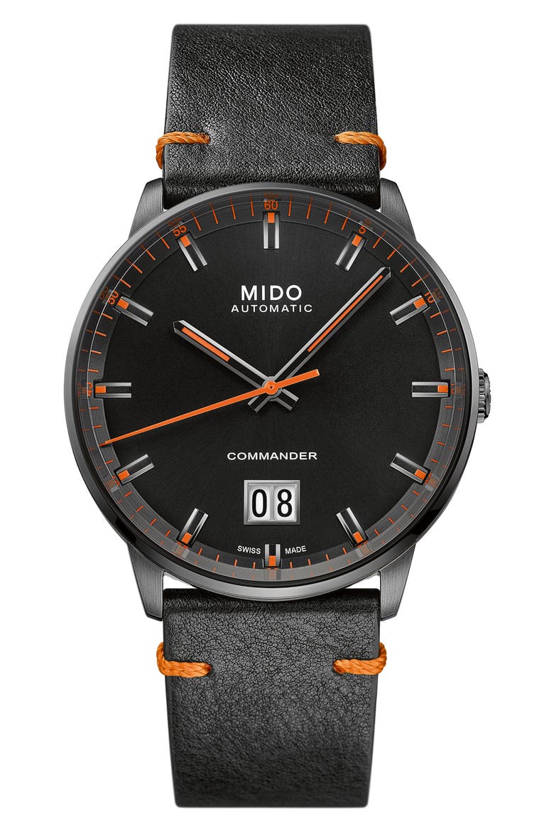 Commander Big Date Automatic Leather Strap Watch, 42mm, Main, color, BLACK